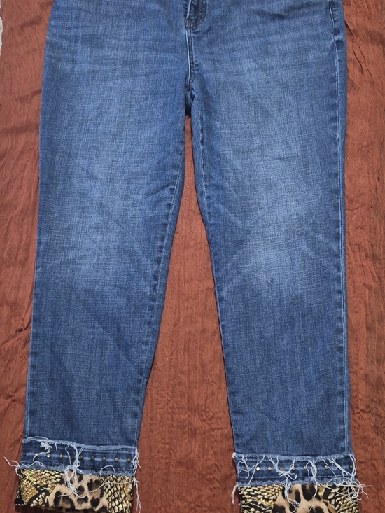 Chico's Denim - Chico's Blue Cropped Jeans with Leopard & Braided Fringe Hem